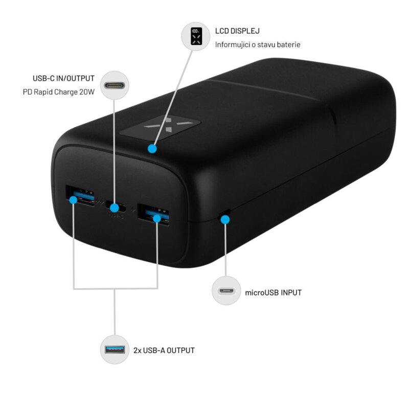 Baterie externa USB-C, 2xUSB, 30000mAh Fixed, FIXZEN-30-BK