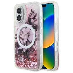 Husa Guess iPhone 16 Liquid Glitter Flower MagSafe, roz, GUHMP16SLFMWTP