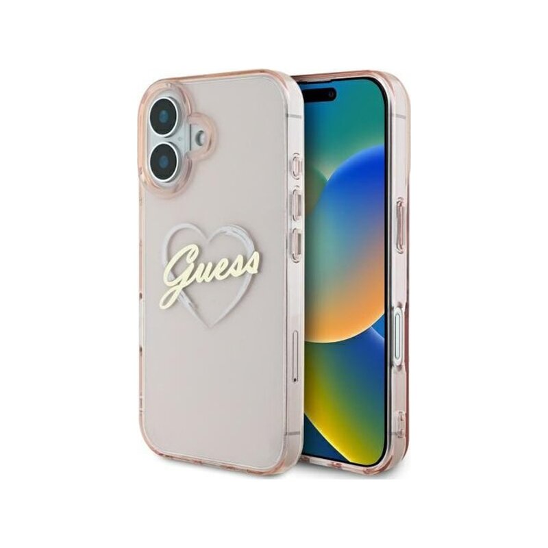 Husa Guess Hardcase IML Heart iPhone 16, roz, GUHCP16SHCHGSPP