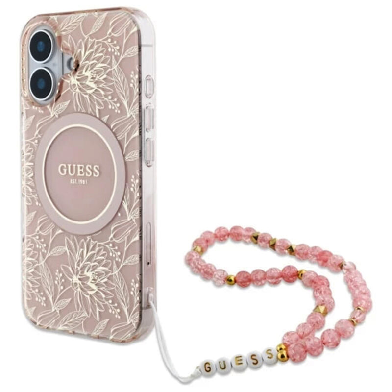 Husa iPhone 16 originala Guess IML Flowers Allover Electro With Pearl Strap MagSafe, roz, GUHMP16SHCPOFPP