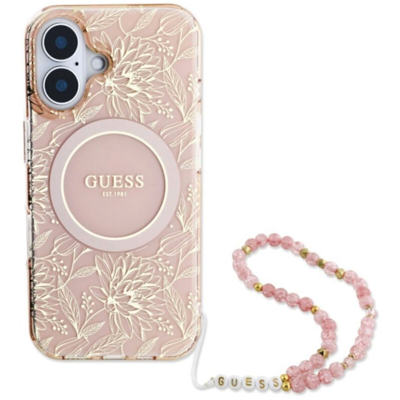 Husa iPhone 16 originala Guess IML Flowers Allover Electro With Pearl Strap MagSafe, roz, GUHMP16SHCPOFPP