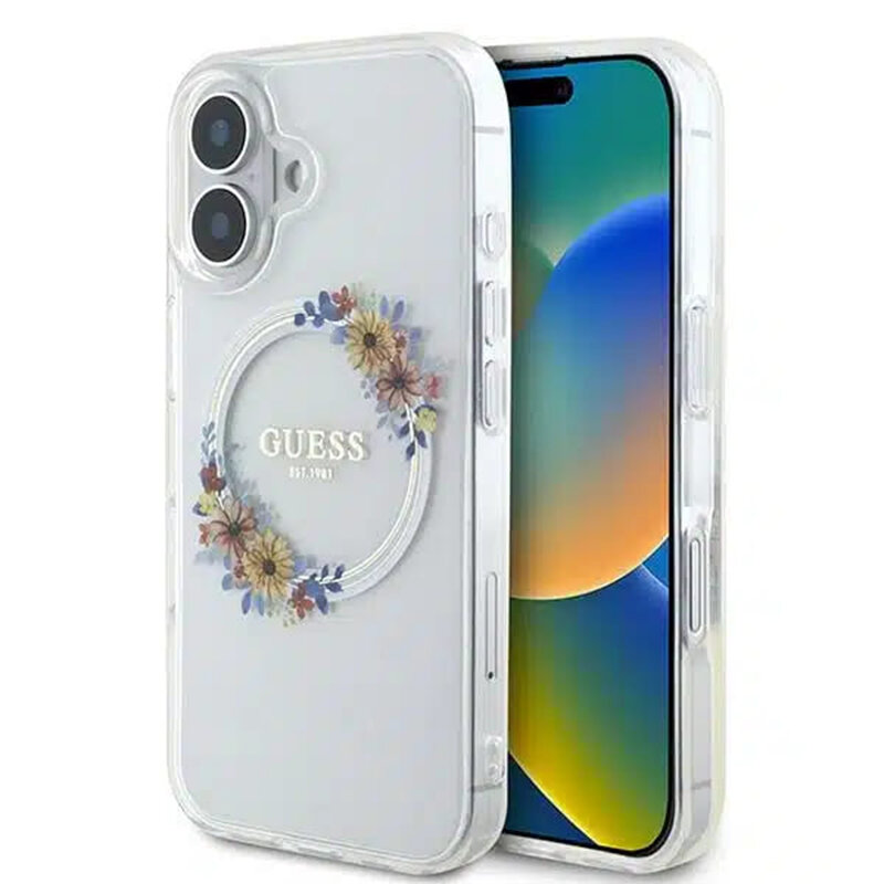 Husa iPhone 16 originala Guess IML Flowers Wreath MagSafe, transparenta, GUHMP16SHFWFCT