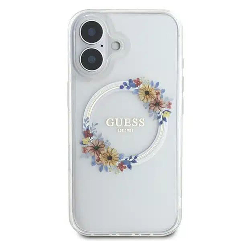 Husa iPhone 16 originala Guess IML Flowers Wreath MagSafe, transparenta, GUHMP16SHFWFCT