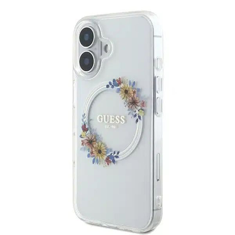Husa iPhone 16 originala Guess IML Flowers Wreath MagSafe, transparenta, GUHMP16SHFWFCT