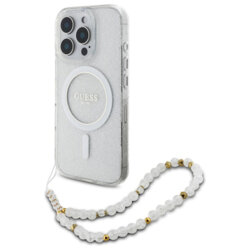 Husa iPhone 16 Pro Max originala Guess IML Glitter with Pearl Strap MagSafe, transparenta, GUHMP16XHGCRELST