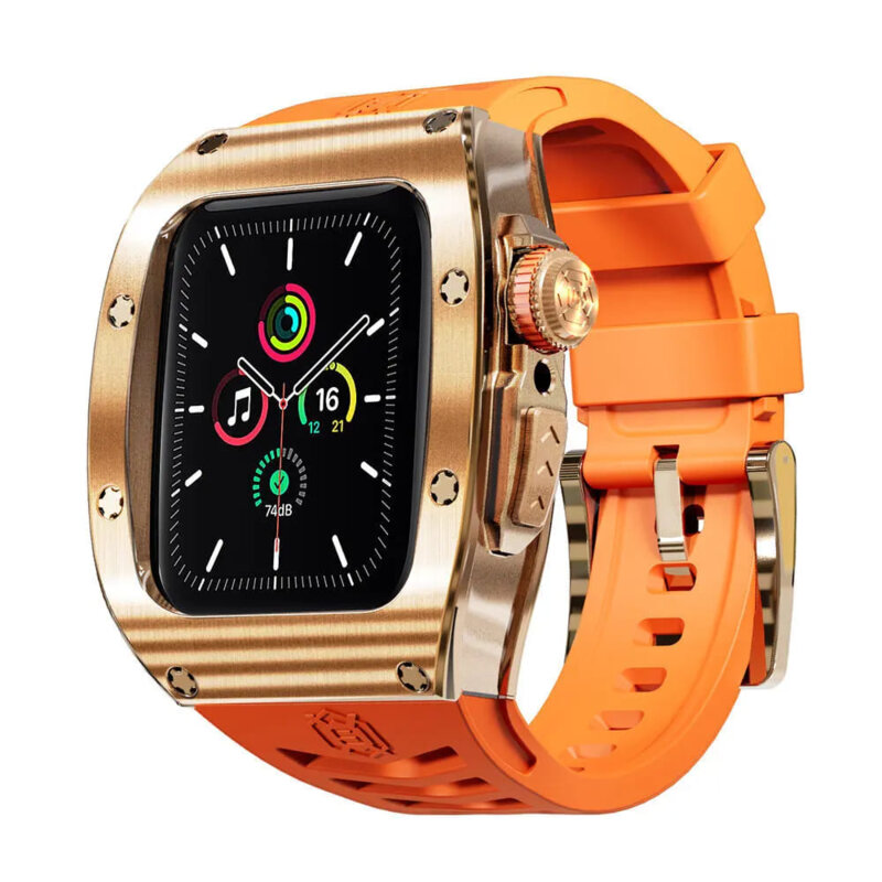 [Pachet 360°] Husa + curea Apple Watch 6 44mm ShellBox Waterproof IP68, roz auriu