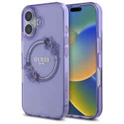 Husa iPhone 16 originala Guess IML Flowers Wreath MagSafe, mov, GUHMP16SHFWFCU