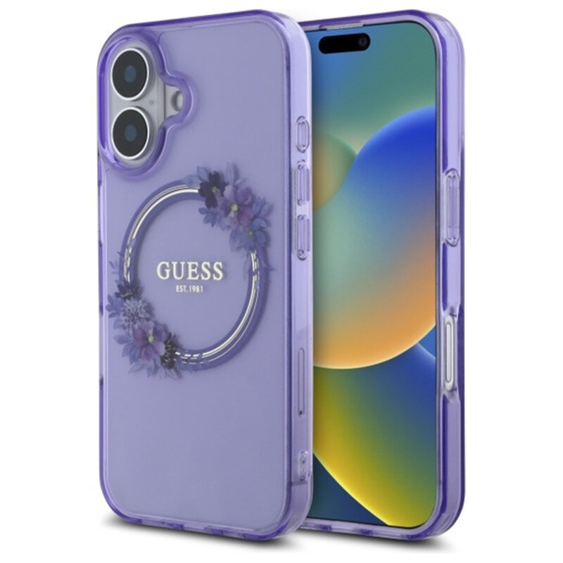 Husa iPhone 16 originala Guess IML Flowers Wreath MagSafe, mov, GUHMP16SHFWFCU