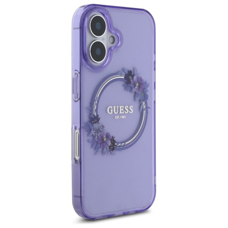 Husa iPhone 16 originala Guess IML Flowers Wreath MagSafe, mov, GUHMP16SHFWFCU