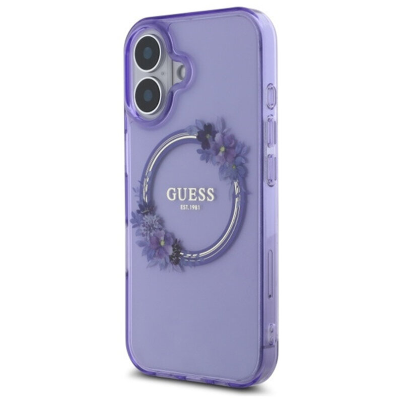Husa iPhone 16 originala Guess IML Flowers Wreath MagSafe, mov, GUHMP16SHFWFCU