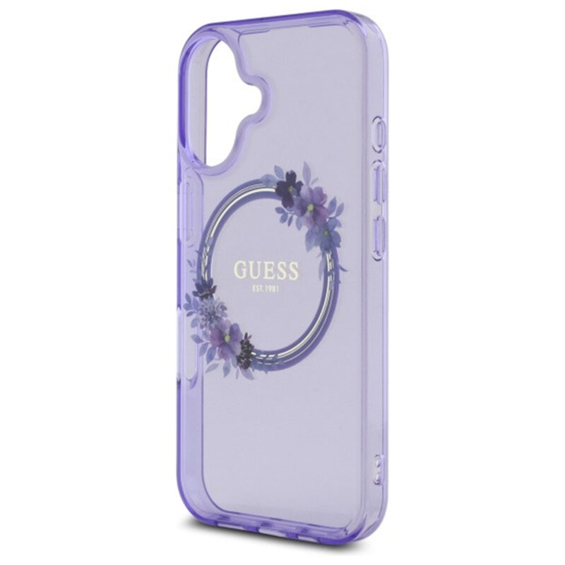 Husa iPhone 16 originala Guess IML Flowers Wreath MagSafe, mov, GUHMP16SHFWFCU