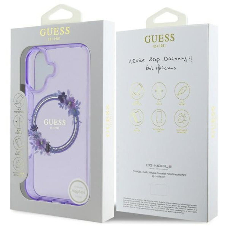 Husa iPhone 16 originala Guess IML Flowers Wreath MagSafe, mov, GUHMP16SHFWFCU