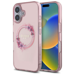 Husa iPhone 16 originala Guess IML Flowers Wreath MagSafe, roz, GUHMP16SHFWFCP