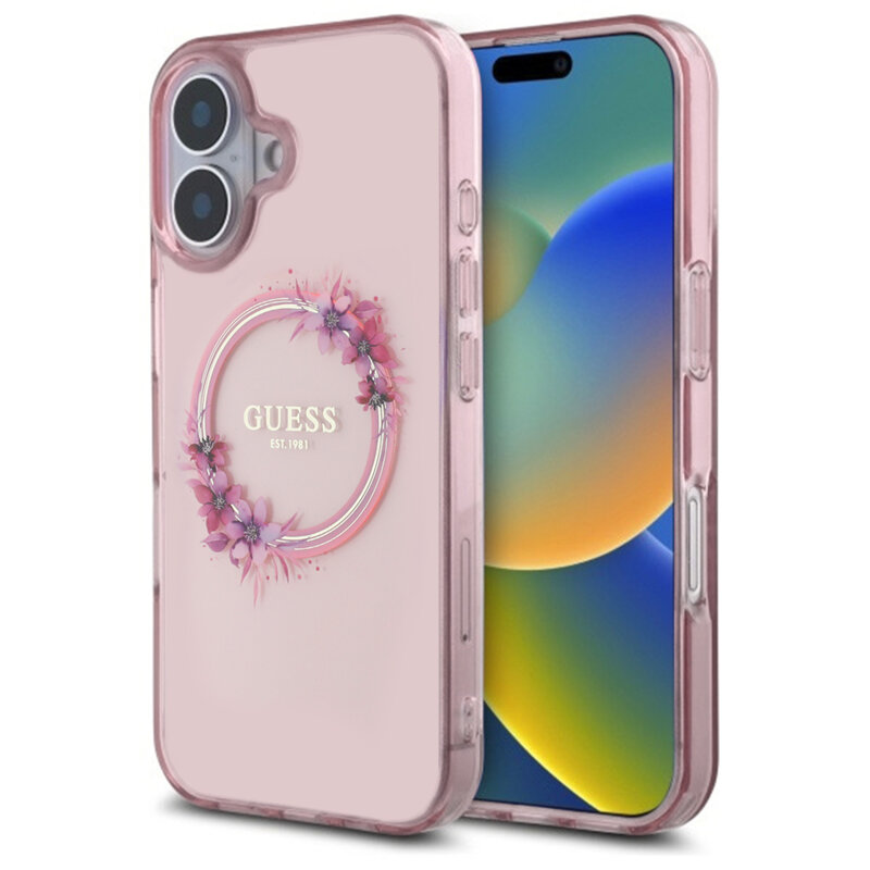Husa iPhone 16 originala Guess IML Flowers Wreath MagSafe, roz, GUHMP16SHFWFCP