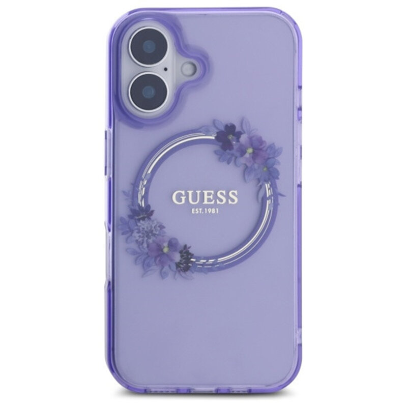 Husa iPhone 16 originala Guess IML Flowers Wreath MagSafe, roz, GUHMP16SHFWFCP