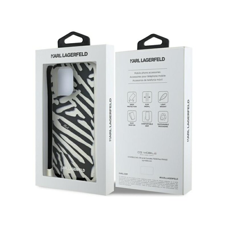 Husa iPhone 16 Pro Max Karl Lagerfeld IML Luxury, Zebra Pattern&Cord, negru, KLHCP16XHZBPKCCK
