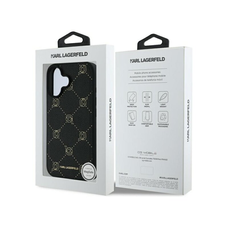 Husa iPhone 16 Karl Lagerfeld Leather MagSafe, Karl Head, negru, KLHMP16SPGKHPHK