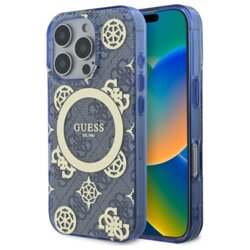 Husa iPhone 16 Pro originala Guess IML Peony On 4G Background MagSafe, albastru, GUHMP16LH4PYEEB