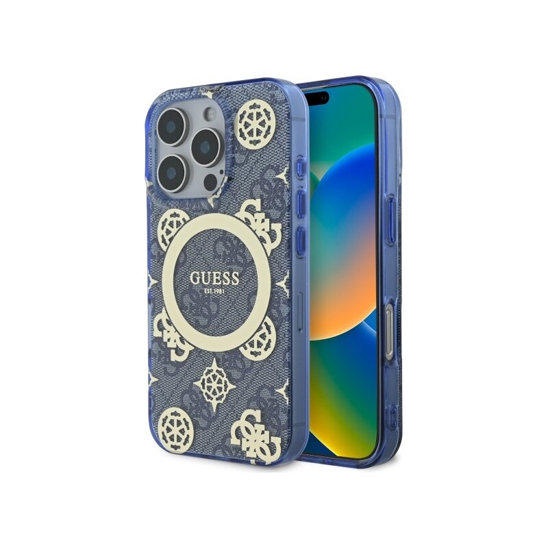 Husa iPhone 16 Pro originala Guess IML Peony On 4G Background MagSafe, albastru, GUHMP16LH4PYEEB