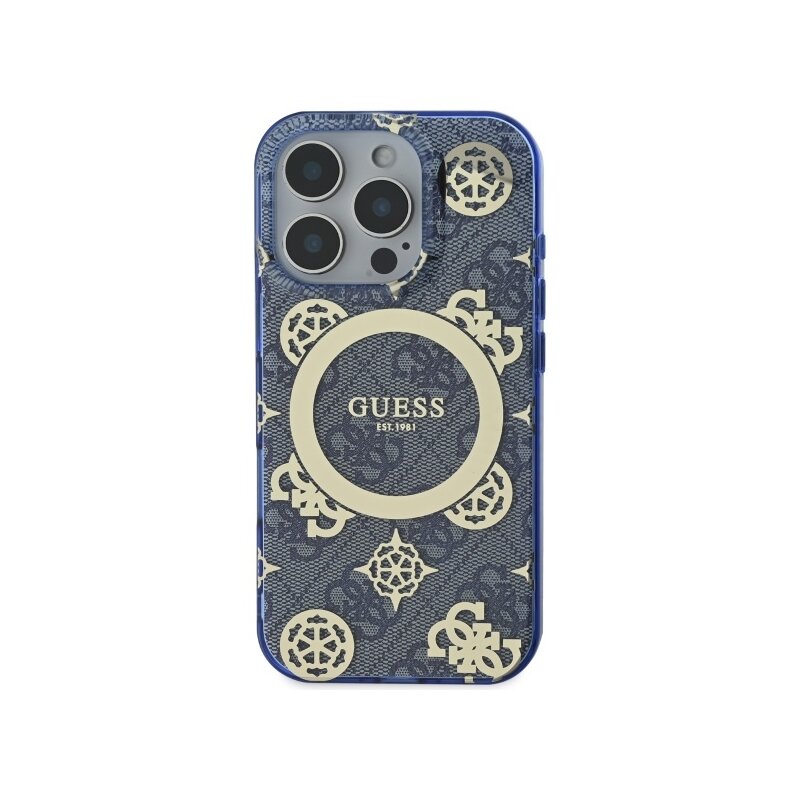 Husa iPhone 16 Pro originala Guess IML Peony On 4G Background MagSafe, albastru, GUHMP16LH4PYEEB