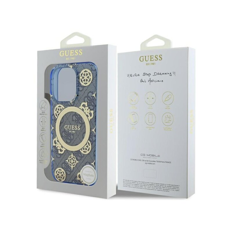 Husa iPhone 16 Pro originala Guess IML Peony On 4G Background MagSafe, albastru, GUHMP16LH4PYEEB