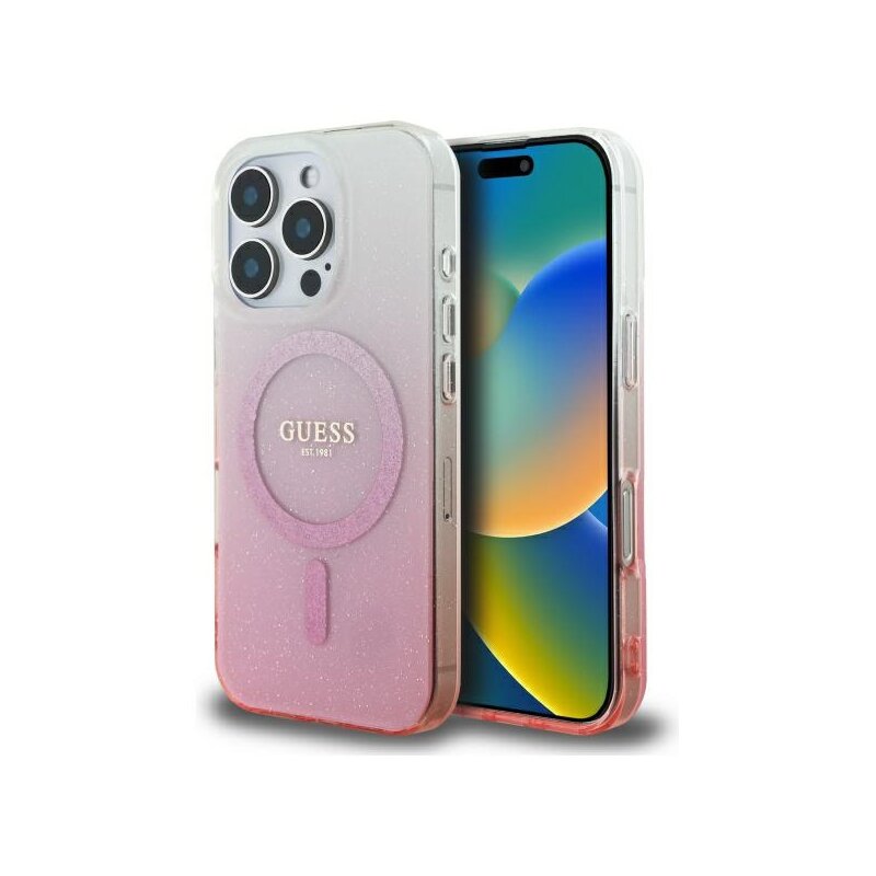 Husa iPhone 16 Pro Max originala Guess IML Glitter Gradient MagSafe, roz, GUHMP16XHGRCELP