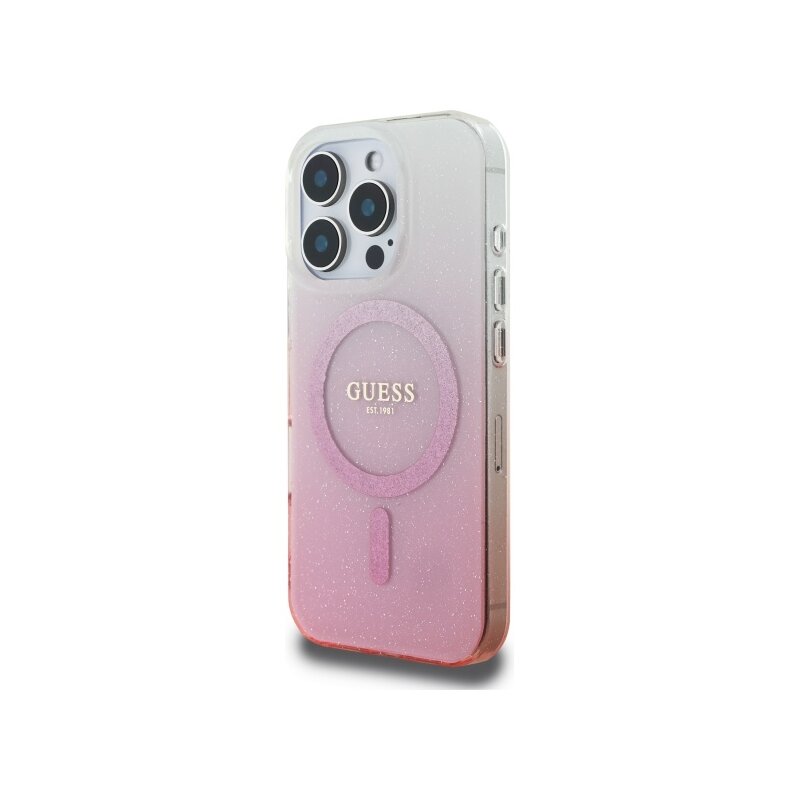 Husa iPhone 16 Pro Max originala Guess IML Glitter Gradient MagSafe, roz, GUHMP16XHGRCELP