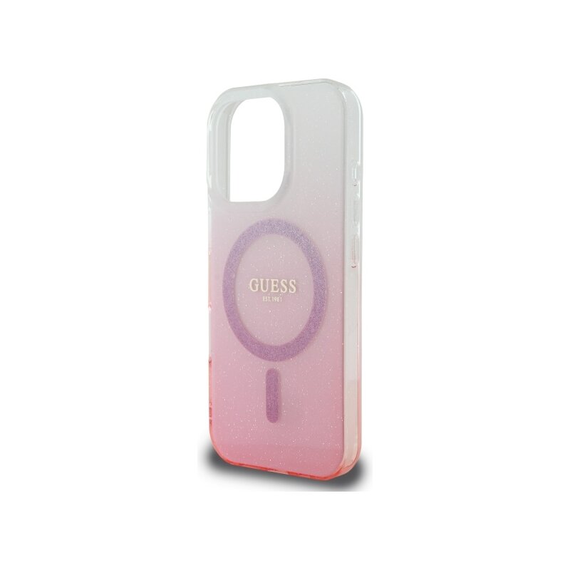 Husa iPhone 16 Pro Max originala Guess IML Glitter Gradient MagSafe, roz, GUHMP16XHGRCELP