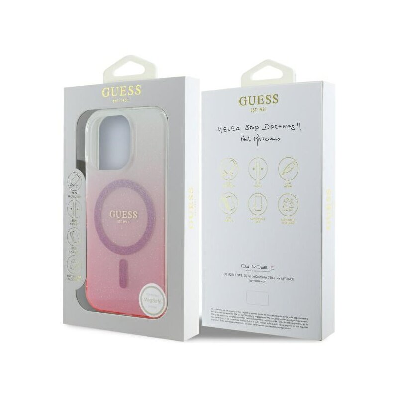 Husa iPhone 16 Pro Max originala Guess IML Glitter Gradient MagSafe, roz, GUHMP16XHGRCELP