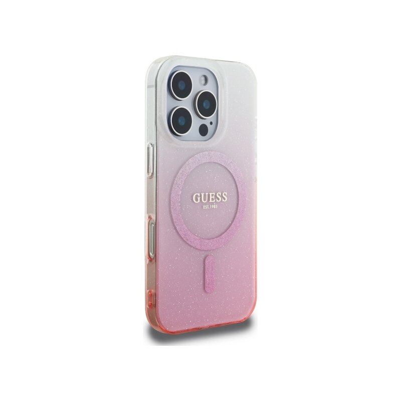 Husa iPhone 16 Pro originala Guess IML Glitter Gradient MagSafe, roz, GUHMP16LHGRCELP