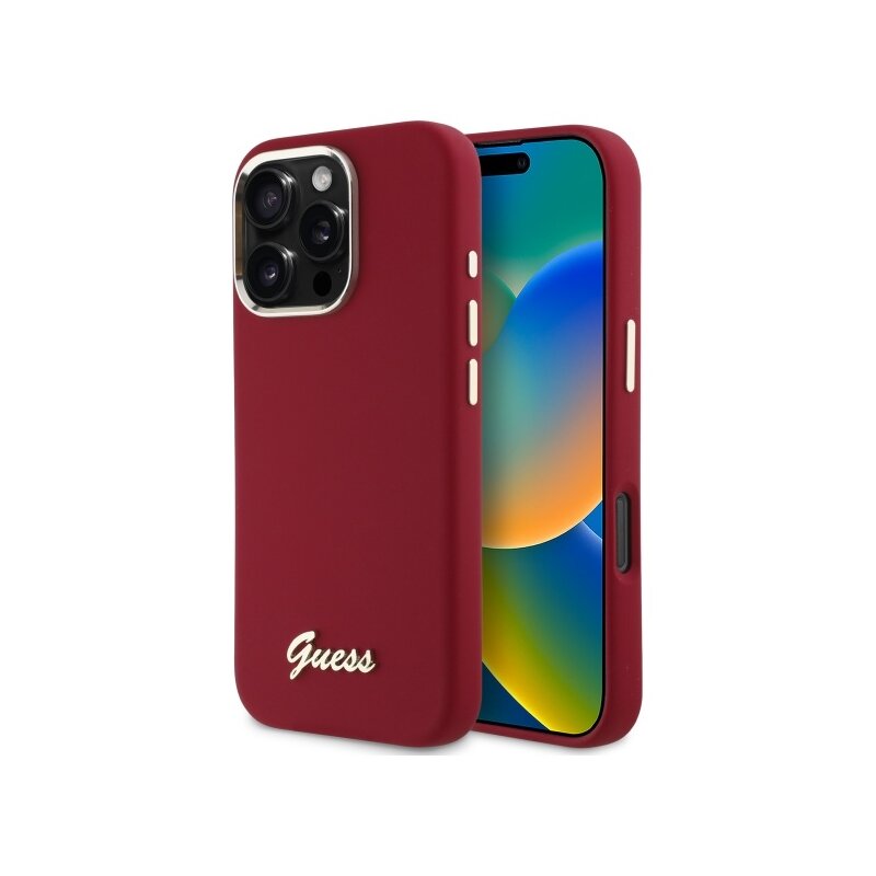 Husa Guess iPhone 16 Pro Silicone Script Metal Logo, rosu, GUHCP16LSMBSLM