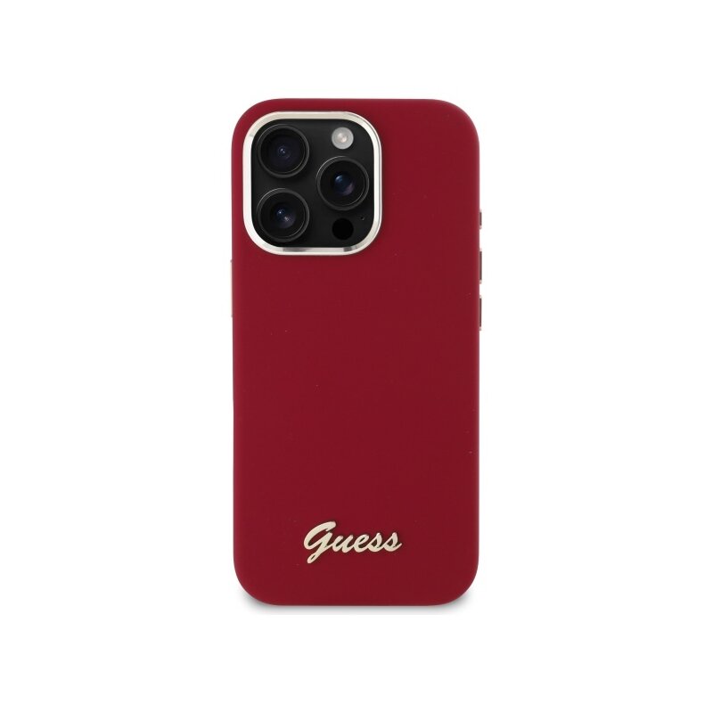 Husa Guess iPhone 16 Pro Silicone Script Metal Logo, rosu, GUHCP16LSMBSLM