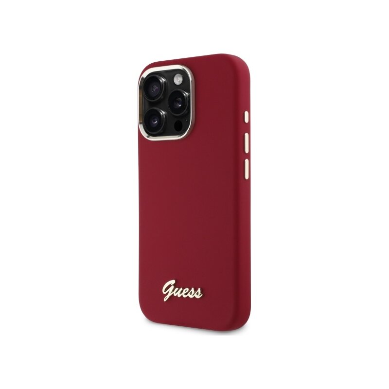 Husa Guess iPhone 16 Pro Silicone Script Metal Logo, rosu, GUHCP16LSMBSLM