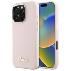 Husa Guess iPhone 16 Pro Max Silicone Script Metal Logo & Frame, roz deschis, GUHCP16XSMBSLP