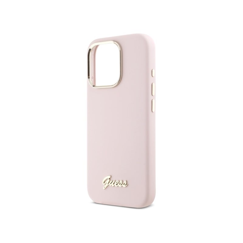 Husa Guess iPhone 16 Pro Max Silicone Script Metal Logo & Frame, roz deschis, GUHCP16XSMBSLP