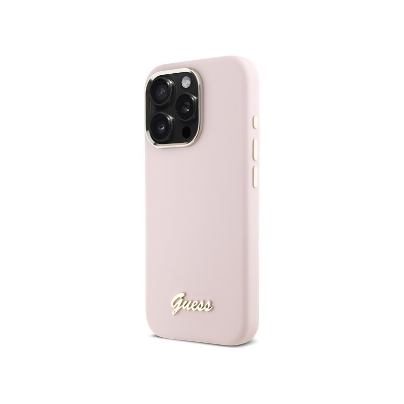 Husa Guess iPhone 16 Pro Max Silicone Script Metal Logo & Frame, roz deschis, GUHCP16XSMBSLP