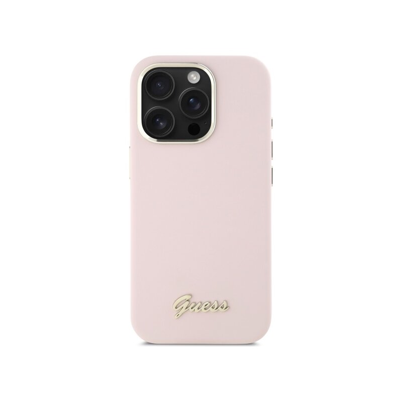 Husa Guess iPhone 16 Pro Max Silicone Script Metal Logo & Frame, roz deschis, GUHCP16XSMBSLP