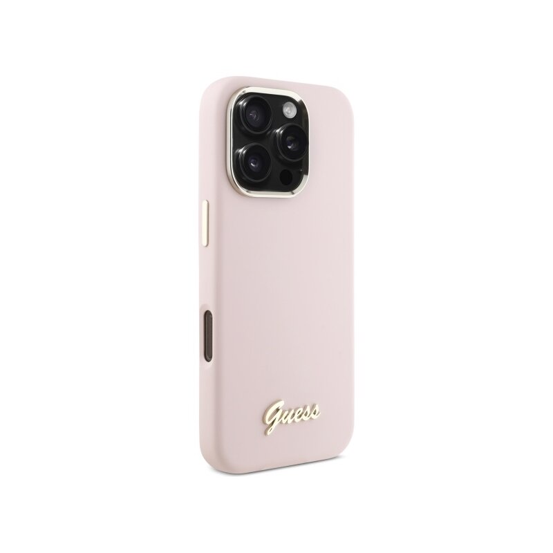 Husa Guess iPhone 16 Pro Max Silicone Script Metal Logo & Frame, roz deschis, GUHCP16XSMBSLP