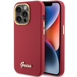 Husa Guess iPhone 15 Pro Max Silicone Script Metal Logo & Frame, rosu, GUHCP15XSMBSLM
