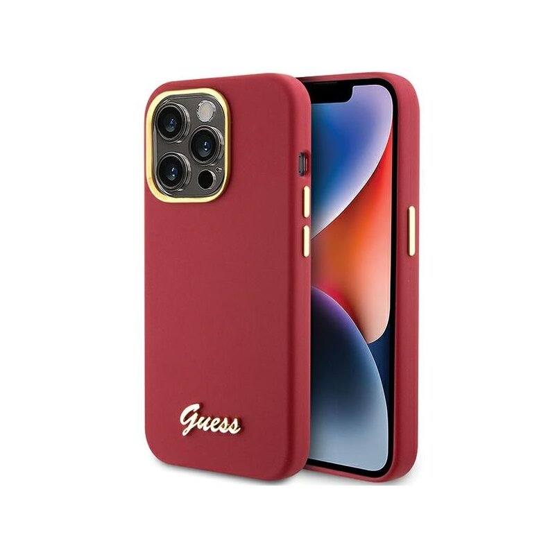 Husa Guess iPhone 15 Pro Max Silicone Script Metal Logo & Frame, rosu, GUHCP15XSMBSLM