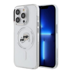 Husa iPhone 14 Pro Karl Lagerfeld IML MagSafe, Metal Karl&Choupette Head, alb, KLHMP14LHLSKCH
