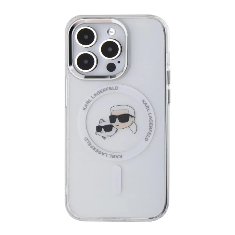 Husa iPhone 14 Pro Karl Lagerfeld IML MagSafe, Metal Karl&Choupette Head, alb, KLHMP14LHLSKCH