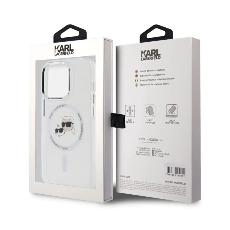 Husa iPhone 14 Pro Karl Lagerfeld IML MagSafe, Metal Karl&Choupette Head, alb, KLHMP14LHLSKCH