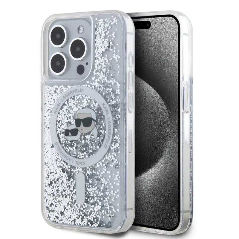 Husa Karl Lagerfeld iPhone 15 Pro Liquid Glitter MagSafe, Karl&Choupette Head, transparent, KLHMP15LLGKCSGH