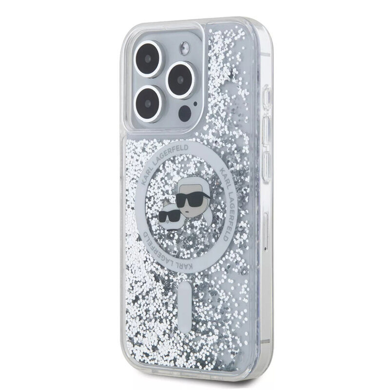 Husa Karl Lagerfeld iPhone 15 Pro Liquid Glitter MagSafe, Karl&Choupette Head, transparent, KLHMP15LLGKCSGH