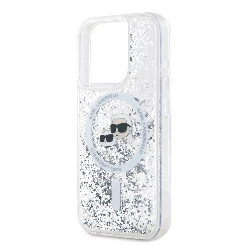 Husa Karl Lagerfeld iPhone 15 Pro Liquid Glitter MagSafe, Karl&Choupette Head, transparent, KLHMP15LLGKCSGH