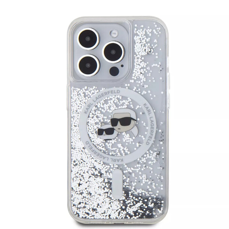 Husa Karl Lagerfeld iPhone 15 Pro Liquid Glitter MagSafe, Karl&Choupette Head, transparent, KLHMP15LLGKCSGH