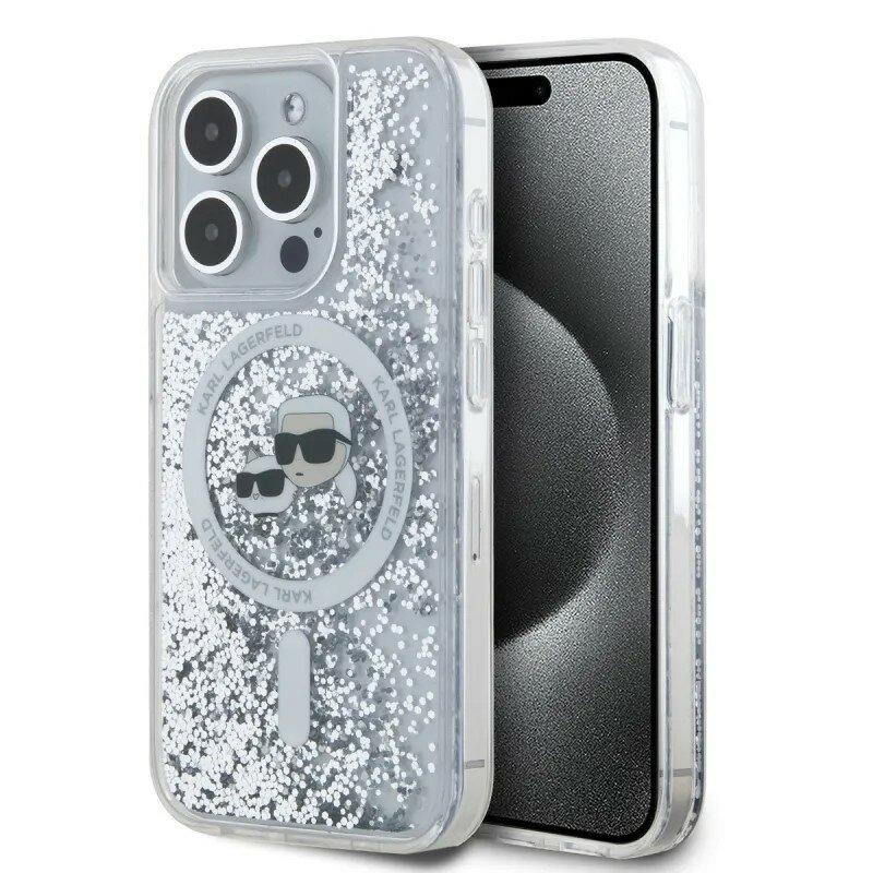 Husa Karl Lagerfeld iPhone 15 Pro Max Liquid Glitter MagSafe, Karl&Choupette Head, clear, KLHMP15XLGKCSGH