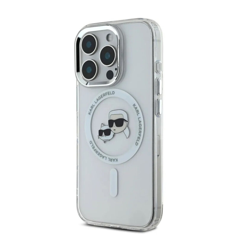 Husa iPhone 16 Pro Karl Lagerfeld IML MagSafe, Metal Karl&Choupette Head, alb, KLHMP16LHLSKCH