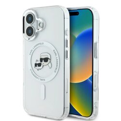 Husa iPhone 16 Plus Karl Lagerfeld IML MagSafe, Metal Karl&Choupette Head, alb, KLHMP16MHLSKCH